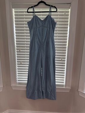 SHEIN Light Blue Denim Wide-Leg Jumpsuit with Spaghetti Straps